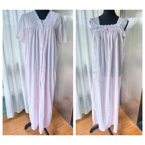 Vintage 1980s lingerie set, pink pastel, negligee & peignoir, long - Picture 1 of 10